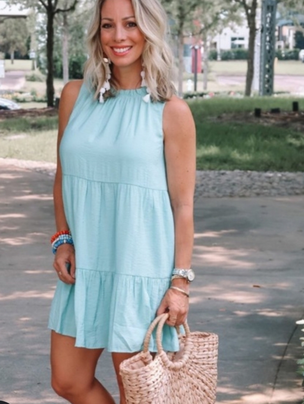 LOFT Sleeveless Tiered Mini Swing Dress in Seafoam Blue, Size Medium Petite